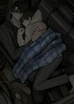  2boys barefoot black_hair black_hoodie blanket bottle boy_on_top car_seat charger closed_eyes curled_up from_above full_body hand_on_another's_back hand_on_another's_shoulder highres hood hood_up hoodie keomikan kim_dokja male_focus multiple_boys omniscient_reader's_viewpoint shoes short_hair sleeping unworn_shoes white_hoodie yoo_joonghyuk 