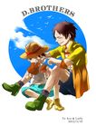  2boys absurdres brother brothers child duo east_blue eating food freckles hand_on_another's_head hand_on_anothers_head hat highres male male_focus meat monkey_d_luffy multiple_boys oceanies1994 one_piece portgas_d_ace shueisha siblings sitting sleeping smile straw_hat young younger 