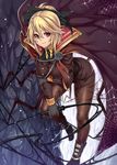  black_gloves blonde_hair blush boots bow breasts cape gloves hair_bow highres houtengeki kurodani_yamame large_breasts looking_at_viewer military military_uniform pantyhose red_eyes short_hair silk smile solo spider_web spider_web_print touhou uniform whip 