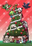  1boy absurdres aegiomon bat_(animal) bird black_horns black_vest blacktailmon blacktailmon_uver. cat chiropmon christmas commentary cougarmon digimon digimon_(creature) digimon_beatbreak digimon_story:_time_stranger english_commentary eye_mask gecko gekkomon gift highres horns mask pointy_ears pteromon red_background red_scarf satyr scarf short_hair starmon_(digimon_xros_wars) terriermon terriermon_joshu twitter_username vest watagashikn wolvermon yellow_eyes 
