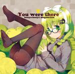  album_cover black_legwear blush braid cover english full_body glasses green_eyes green_hair hair_over_shoulder hairband heart heart_pillow legs_up long_hair looking_at_viewer lying meito_(maze) on_back original pantyhose pillow ribbed_sweater romaji smile solo sweater thighband_pantyhose twin_braids 