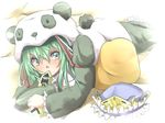  animal_costume bad_id bad_pixiv_id green_eyes green_hair hat hat_removed headwear_removed lying on_stomach panda panda_costume ribbon rod_of_remorse shiki_eiki short_hair shuga_(soranote) solo touhou 