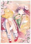  breasts calligraphy_brush cleavage collarbone dated floral_print flower hair_flower hair_ornament hieda_no_akyuu highres inkblot japanese_clothes kimono long_sleeves lying medium_breasts mosho on_back paintbrush petals puffy_sleeves purple_hair red_string sash signature socks solo spilling string touhou traditional_media watercolor_(medium) white_legwear wide_sleeves 