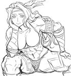  abs amazon_(dragon's_crown) armlet armor bikini_armor breasts chin_rest circlet cleavage derivative_work dragon's_crown feathers greyscale large_breasts long_hair matsu-sensei monochrome muscle muscular_female navel parody sitting sketch solo tattoo thick_thighs thighs vambraces 