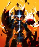  1boy absurdres android armor blonde_hair commentary_request energy_blade energy_sword floating_rock gloves glowing gradient_background helmet highres holding long_hair looking_at_viewer male_focus mega_man_(series) mega_man_zero_(series) mega_man_zero_3 omega_(mega_man) omochi_(mochi_skymega) orange_background red_eyes robot solo straight-on sword very_long_hair weapon yellow_background 