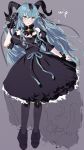  1girl absurdres bang_dream! bang_dream!_it's_mygo!!!!! black_gloves black_hair black_pantyhose blue_hair full_body gloves grey_background hair_between_eyes highres horns long_hair open_mouth pantyhose peke_(pekeiscat) short_sleeves sidelocks simple_background solo togawa_sakiko togawa_sakiko_(master_of_melodia) unfinished yellow_eyes 