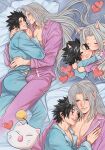  2boys animal_ears aqua_eyes arm_around_neck arm_around_waist black_hair blue_pajamas blue_pants blue_shirt blush chibi chibi_inset closed_eyes closed_mouth crisis_core:_final_fantasy_vii crylin6 cuddling feet_out_of_frame final_fantasy final_fantasy_vii green_eyes grey_hair hand_on_another's_chest highres kemonomimi_mode kiss kissing_cheek long_hair looking_at_another male_focus midriff_peek moogle multiple_boys multiple_views on_bed open_clothes open_mouth open_shirt pajamas pants parted_bangs pectorals pillow purple_pajamas purple_shirt sephiroth shirt short_hair slit_pupils smile yaoi zack_fair 
