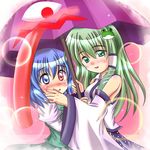  blue_eyes blue_hair blush commentary_request detached_sleeves frog_hair_ornament green_eyes green_hair hair_ornament hair_tubes hand_on_another's_cheek hand_on_another's_face heterochromia karakasa_obake kazamidori_(sleeping_clock) kochiya_sanae long_hair multiple_girls purple_umbrella red_eyes shared_umbrella short_hair smile snake_hair_ornament sparkle tatara_kogasa tongue touhou umbrella yuri 