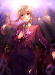  androgynous blonde_hair broken broken_chain chain cravat gem hand_on_own_chest highres long_hair male_focus ponytail purple_eyes solo tanada theater umineko_no_naku_koro_ni ushiromiya_lion 