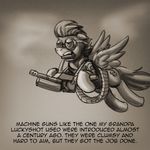  english_text equine eyewear goggles gun hair horse luckyshot_(character) machine_gun male mammal monochrome my_little_pony pegasus pluckyninja pony ranged_weapon solo text weapon wings 