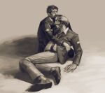  2boys absurdres beard blazer blood cheetahman_(1ddghfr78cswc) disco_elysium facial_hair fine_art_parody hand_on_another's_head harry_du_bois highres injury ivan_the_terrible_and_his_son_ivan jacket jean_vicquemare male_focus medium_hair monochrome multiple_boys mustache mutton_chops necktie pants parody scared shirt shoes short_hair simple_background 