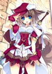  animal_ears blue_eyes brown_hair capelet dog_ears dog_tail hair_ornament hairclip hat looking_at_viewer open_mouth original salute shirokitsune shirt skirt smile solo sword tail weapon wrist_cuffs 