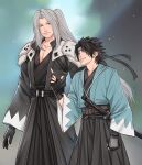 2boys adapted_costume alternate_costume aqua_eyes armor black_gloves black_hair black_robe blue_haori closed_mouth cowboy_shot crisis_core:_final_fantasy_vii crylin6 earrings final_fantasy final_fantasy_vii fingerless_gloves gloves green_eyes grey_hair grey_headband hand_in_another's_hair haori headband highres japanese_clothes jewelry katana long_bangs long_hair looking_at_another male_focus multiple_boys parted_bangs parted_lips pauldrons pectorals ponytail robe sephiroth short_hair shoulder_armor simple_background single_earring slit_pupils smile sword weapon zack_fair 