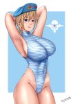  1girl absurdres arms_behind_head arms_up artist_name beret blonde_hair blue_background blue_eyes blue_hat border breasts commentary covered_navel cowboy_shot emblem grzegorz1996 hat highleg highleg_leotard highres impossible_clothes impossible_leotard large_breasts leotard looking_at_viewer military open_mouth original short_hair signature solo soviet striped_clothes striped_leotard vdv white_border 