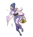  1girl blue_eyes blue_hair blue_lips circlet clenched_teeth damaged dark-skinned_female dark_skin fire_emblem fire_emblem_heroes geta glasses hair_bun half_updo hand_fan heimdallr_(fire_emblem) heimdallr_(new_year's_vision)_(fire_emblem) highres homare_(fool's_art) japanese_clothes kimono leaf_print lipstick makeup multicolored_hair non-web_source official_alternate_costume official_art paper_fan round_eyewear solo streaked_hair tabi teeth torn_clothes torn_kimono white_kimono yukata 