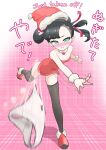  1girl asymmetrical_bangs bare_shoulders black_hair black_thighhighs blush christmas closed_mouth dress earrings embarrassed floating_hair full_body fur_collar fur_cuffs green_eyes hair_ribbon hat highres jewelry leaning_forward marnie_(pokemon) microsd_(pibo) panties pink_background pokemon pokemon_swsh red_dress red_ribbon red_shoes ribbon santa_costume santa_hat shoes solo standing standing_on_one_leg stud_earrings thighhighs throwing twintails undercut underwear unworn_panties v-shaped_eyebrows white_panties zettai_ryouiki 