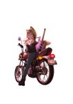  1girl absurdres animal_ear_fluff animal_ears black_boots black_jacket boots brown_hair closed_mouth commentary_request denim guitar highres honda instrument jacket jeans long_hair long_sleeves looking_at_viewer looking_back motor_vehicle motorcycle murakoyafactory off_shoulder on_motorcycle original pants purple_eyes simple_background solo tail turning_head white_background 