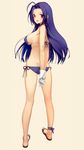  :d absurdres ahoge ankle_ribbon ankles anklet arms_behind_back ass bare_shoulders bikini blue_bikini blue_hair breasts from_behind full_body gloves highres idolmaster idolmaster_(classic) jewelry large_breasts long_hair looking_back miura_azusa ooyari_ashito open_mouth red_eyes ribbon sandals scan side-tie_bikini sideboob simple_background skindentation smile solo standing strap_gap string_bikini swimsuit white_gloves 