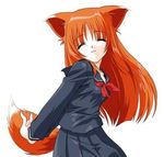  1girl animal_ears eyes_closed female firefox fox_ears fox_girl fox_tail hana_(ukagaka) head_tilt long_hair lowres monster_girl orange_hair original personification pleated_skirt school_uniform serafuku simple_background skirt smile solo standing tail ukagaka umekichi white_background 