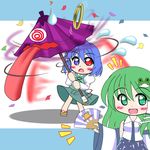  @_@ blue_eyes blue_hair blush_stickers chibi confetti detached_sleeves flying_sweatdrops frog_hair_ornament geta green_eyes green_hair hair_ornament hair_tubes heterochromia jewelry karakasa_obake kazamidori_(sleeping_clock) kochiya_sanae long_hair multiple_girls open_mouth purple_umbrella red_eyes ring short_hair skirt smile snake_hair_ornament sweatdrop swirling tatara_kogasa tongue touhou umbrella 