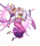  1girl :q attack character_doll doll fire_emblem fire_emblem_heroes floral_print geta gradient_clothes gradient_hair gradient_kimono green_eyes grey_hair hagoita hand_fan highres holding holding_fan japanese_clothes kimono long_hair mechanical_wings multicolored_hair noir_eku non-web_source official_alternate_costume official_art one_eye_closed paddle pink_hair pink_kimono smile solo tabi tongue tongue_out vali_(devoted_sister)_(fire_emblem) vali_(fire_emblem) white_kimono wings yukata 