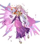  1girl character_doll damaged doll fire_emblem fire_emblem_heroes floral_print geta gradient_clothes gradient_hair gradient_kimono green_eyes grey_hair hagoita hand_fan highres holding holding_fan japanese_clothes kimono long_hair multicolored_hair noir_eku non-web_source official_alternate_costume official_art one_eye_closed paddle pink_hair pink_kimono pout solo tabi torn_clothes torn_kimono vali_(devoted_sister)_(fire_emblem) vali_(fire_emblem) white_kimono yukata 
