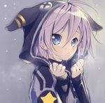  amnesia_(idea_factory) androgynous bad_id bad_pixiv_id blue_eyes breath button_eyes face goroo grey_background hair_between_eyes hood hood_up hooded_jacket jacket long_sleeves looking_at_viewer lowres male_focus orion_(amnesia) parted_lips purple_hair snowing solo star upper_body 