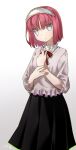  1girl black_skirt blue_eyes breasts hairband highres hisui_(tsukihime) long_sleeves looking_at_viewer neck_ribbon red_hair ribbon shirt short_hair skirt small_breasts solo tsukihime tsukihime_(remake) white_shirt yubeshi_(zecxl) 