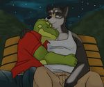  alligator biceps canine clothing couple cuddling eyes_closed fur gay genchi hug male pants pose reptile rondo scalie shirt sitting tyins_darkwulf wolf 