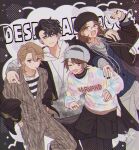  4boys :d adam's_apple akune_rindo arima_seigen arm_around_shoulder arm_on_another's_shoulder asymmetrical_bangs bags_under_eyes ben-day_dots black_background black_coat black_hair black_hat black_jacket black_leggings black_nails black_pants black_shirt black_shoes black_shorts blue_jacket blue_streaks bottle bracelet brown_eyes brown_hair brown_jumpsuit chain chain_necklace chromatic_aberration coat collared_shirt college_shirt commentary curly_hair curtained_hair desperado-004 dot_nose earrings expressionless feet_out_of_frame fingernails fur_hat glasses gold_bracelet gold_chain gold_necklace grey_hat grey_shirt group_name hair_between_eyes hand_up hands_in_pockets hat highres holding holding_bottle hood hood_down hoodie hunched_over hypnosis_mic hypnosis_mic:_rule_the_stage jacket jewelry jikuin_jyobu jumpsuit lapels layered_shirt leggings leggings_under_shorts light_blush light_smile long_sleeves looking_at_viewer male_focus medium_hair mouth_hold mullet multicolored_hair multicolored_sweater multiple_boys multiple_bracelets multiple_necklaces multiple_piercings multiple_rings necklace off_shoulder one_eye_closed open_clothes open_coat open_jacket open_mouth pacha_st pants parted_bangs partially_unzipped peanut_mouth pinstripe_jacket pinstripe_pattern print_jumpsuit ring round_eyewear screentones shirt shoes short_hair shorts silver_earrings silver_necklace silver_ring six_pointed_star sleeveless sleeveless_jacket sleeves_past_wrists slouching small_sweatdrop smile standing standing_on_one_leg star_(symbol) streaked_hair striped_clothes striped_shirt stud_earrings suit_jacket sweater sweatpants two-sided_fabric two-sided_jacket ushanka v-shaped_eyebrows watch wavy_hair white_background white_eyes white_hoodie white_nails white_pants white_shirt wristwatch wristwatch_over_clothes yagasaki_ibuki yellow_eyes 