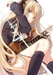  akg black_legwear blonde_hair blue_eyes blush breasts guitar headphones heart heart-shaped_pupils instrument kneehighs large_breasts long_hair long_sleeves looking_at_viewer original plaid plaid_skirt pleated_skirt plectrum sitting skirt solo sweater symbol-shaped_pupils very_long_hair yamcha_(cocololi) 