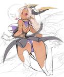  ahoge ass blush breasts dark_skin demon_girl demon_tail earrings from_behind gloves head_wings huge_ahoge huge_breasts jewelry jumping kamyuria long_hair looking_at_viewer mel/a pointy_ears purple_eyes shingeki_no_bahamut solo tail white_hair 