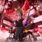  1girl animal_ear_fluff animal_ears black_boots black_jacket boots bridge brown_hair building cityscape closed_mouth commentary_request concept_art crack crescent_moon denim fantasy fog guitar highres honda instrument jacket jeans lamppost light_rays long_hair long_sleeves looking_at_viewer looking_back moon motor_vehicle motorcycle murakoyafactory night off_shoulder on_motorcycle original outdoors pants purple_eyes red_sky red_theme road road_sign scenery sign sky skyscraper solo star_(sky) starry_sky tail turning_head 