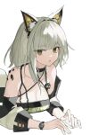  1girl 2naom8q6gt87292 :o animal_ears arknights breasts bright_pupils cleavage commentary_request green_eyes grey_hair halterneck highres jewelry kal'tsit_(arknights) material_growth medium_breasts medium_hair off_shoulder oripathy_lesion_(arknights) parted_lips ring solo stethoscope stethoscope_around_neck upper_body watch white_pupils wristwatch 