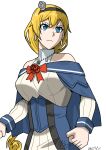  1girl blonde_hair blue_capelet blue_eyes blue_overskirt capelet corset crown highres kantai_collection long_hair low-tied_long_hair low_ponytail mini_crown pleated_skirt ponytail shirt simple_background skirt solo upper_body valiant_(kancolle) vehicle1026 white_background white_shirt white_skirt 