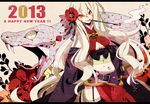  2013 bad_id bad_pixiv_id belt breasts cleavage fangs flower forked_tongue garter_straps hair_flower hair_ornament hand_on_hip happy_new_year kiseru large_breasts long_hair merlusa midriff navel new_year open_mouth original parted_lips pipe sarashi slit_pupils smile smoke snake sword thighhighs tongue translated very_long_hair weapon yellow_eyes 