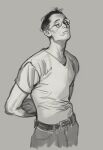  1boy absurdres arms_behind_back belt cheetahman_(1ddghfr78cswc) cowboy_shot disco_elysium glasses grey_background greyscale hair_slicked_back highres kim_kitsuragi male_focus monochrome pants round_eyewear shirt short_hair simple_background solo standing t-shirt undercut v-neck 