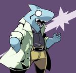  glasses hand_in_pocket labcoat male_focus mangneto opaque_glasses open_mouth shark sharp_teeth simple_background skullgirls solo stanley_whitefin teeth 