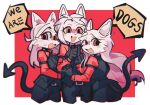  3girls :3 :d animal_ears animal_nose black_pants black_vest blush border breasts cerberus_(helltaker) cropped_legs demon_tail dog_ears dog_girl english_text flat_chest furrification furry furry_female helltaker highres long_hair looking_at_viewer medium_breasts multiple_girls pants red_background red_eyes red_shirt schoolcaco3 shirt short_hair simple_background smile speech_bubble sweatdrop tail thick_lineart very_long_hair vest white_border white_hair 