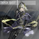  1girl ? absurdres arknights asymmetrical_dual_wielding black_pantyhose black_shirt blue_dress commentary cowboy_shot cross cross_earrings cross_scar dress dual_wielding earrings elbow_pads english_commentary gloves grey_gloves grey_hair gun hair_intakes handgun head_wings highres holding holding_gun holding_sword holding_weapon irene_(arknights) irene_(the_adjudicatrix_and_her_resolve)_(arknights) jewelry lace_trim latin_cross long_sleeves pantyhose rapier rau_ma_(the_rauma001) scar scar_on_face shirt short_hair simple_bird single_elbow_pad solo sword thigh_strap turtleneck turtleneck_shirt weapon wings 