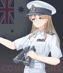  1girl absurdres australia australian_flag binoculars blue_eyes brown_hair closed_mouth collared_shirt commentary_request commission flag_background hat highres holding holding_binoculars leochan1202 long_hair looking_to_the_side military military_rank_insignia military_uniform original pants peaked_cap ribbon_bar royal_australian_navy shirt shoulder_boards smile solo upper_body white_hat white_pants white_shirt world_war_ii 