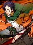  belt black_hair blood blue_eyes boots cape dual_wielding holding jacket levi_(shingeki_no_kyojin) male_focus mi_(liki1020) paradis_military_uniform shingeki_no_kyojin solo sword thigh_strap three-dimensional_maneuver_gear weapon 