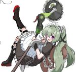 1girl animal_bag apron bear_bag black_dress bone_hiko boots chain circular_saw corin_wickes cuffs dress green_hair hair_between_eyes holding holding_weapon knee_boots long_hair looking_at_viewer maid maid_apron maid_headdress puffy_short_sleeves puffy_sleeves purple_eyes saw screw_hair_ornament short_sleeves simple_background solo twintails weapon white_background zenless_zone_zero 