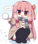  1girl :d black_boots black_skirt blunt_bangs blush_stickers boots brown_coat coat commentary_request day fang full_body grey_scarf hair_ribbon hibino_000 highres kotonoha_akane long_hair long_sleeves miniskirt open_mouth outdoors pink_hair pleated_skirt red_eyes red_ribbon ribbon scarf sidelocks skin_fang skirt smile snow snowball snowing solo squatting striped_clothes striped_scarf thigh_boots throwing translation_request very_long_hair voiceroid winter 