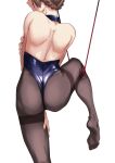  animal_ears are_shoulders ass bds braid brown_hair bunny_ears bunny_girl bunnysuit choker feet from_behind highres idolmaster idolmaster_million_live! idolmaster_million_live!_theater_days liu_chi_tiantang_fr one_leg_up pantyhose profile red_rope restrained rope sakuramori_kaori shoulder_blades simple_background smile soles white_background 
