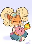  1girl :d absurdres animal_ear_piercing animal_nose artist_name blue_overalls blush_stickers body_fur closed_eyes closed_mouth coco_bandicoot colored_skin commentary crash_bandicoot_(series) crossover english_commentary furry furry_female goggles goggles_on_head highres holding kevintrentin kirby kirby_(series) open_mouth orange_fur overalls pink_skin short_sleeves sitting sitting_on_lap sitting_on_person smile solid_oval_eyes two-tone_fur white_background wumpa_fruit 