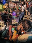  1boy 2girls :p air_conditioner analog_clock anya_(mouthwashing) belt black_hair black_pants blue_pants brown_hair cellphone clock coffee_maker commission copyright_request crayon_shin-chan cup dark-skinned_female dark_skin doko_demo_issyo electric_fan fumo_(doll) glasses grey_shirt hair_ornament hairclip hand_on_own_wrist hatsune_miku headphones hello_kitty hello_kitty_(character) highres ikari_shinji indoors inoue_toro ipod jojidoboro looking_back monitor mouthwashing mp3_player mug multiple_girls neon_genesis_evangelion original pants phone pikachu pokemon poster_(object) round_eyewear sanrio shirt sitting stool sweater_vest tea tongue tongue_out vocaloid white_shirt 