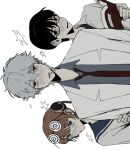  1girl 2boys aegyo_sal black-framed_eyewear black_hair black_shirt blue_eyes blue_sailor_collar book bun_cover cigarette coat coke-bottle_glasses collared_shirt commentary eyewear_on_head gintama glasses grey_shirt hair_between_eyes hand_on_another's_arm hashtag-only_commentary height_difference highres holding holding_book jinjeocompote kagura_(gintama) lab_coat looking_at_another looking_at_viewer loose_necktie mouth_hold multiple_boys muted_color necktie o3o open_book open_clothes open_coat open_mouth orange_hair pale_skin partially_unbuttoned red_eyes red_necktie sailor_collar sakata_gintoki school_uniform semi-rimless_eyewear serafuku shimura_shinpachi shirt shirt_under_shirt short_hair short_sleeves sideways star_(symbol) star_symbol_background twitter_username under-rim_eyewear upper_body white_background white_coat white_hair white_serafuku wispy_bangs 