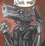  anthro desert_eagle dialog gun monopolymurder plain_background ranged_weapon red_background red_eyes teeth text weapon what_has_science_done 