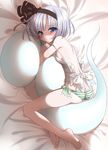  ass back backless_outfit blue_eyes blush bow breasts green_panties hair_bow hug konpaku_youmu konpaku_youmu_(ghost) looking_at_viewer lying no_pants off_shoulder on_side panties seidou_(tukinomiyako) self_hug shirt short_hair side-tie_panties sideboob silver_hair small_breasts solo striped striped_panties touhou undershirt underwear underwear_only 